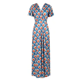 Blue Geometric Print Maxi Dress with Flowing Waterfall Sleeves and Wrap Design