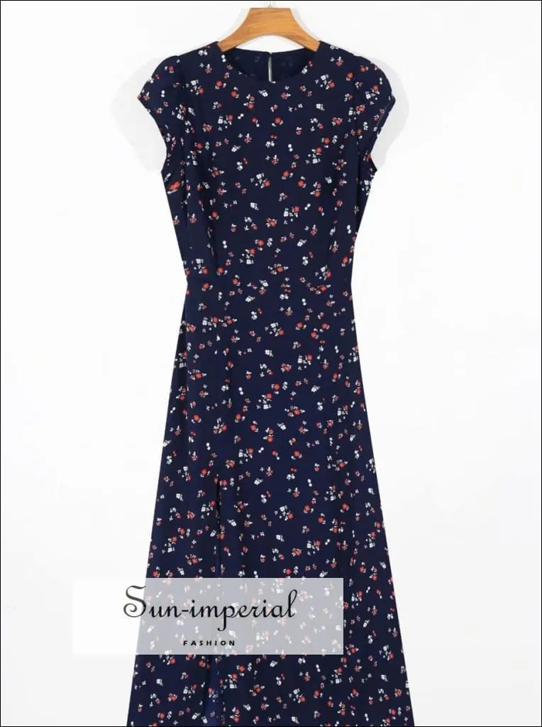 Blue Vintage Sleeveless Floral Print Midi Dress Split front Backless White Summer Dress