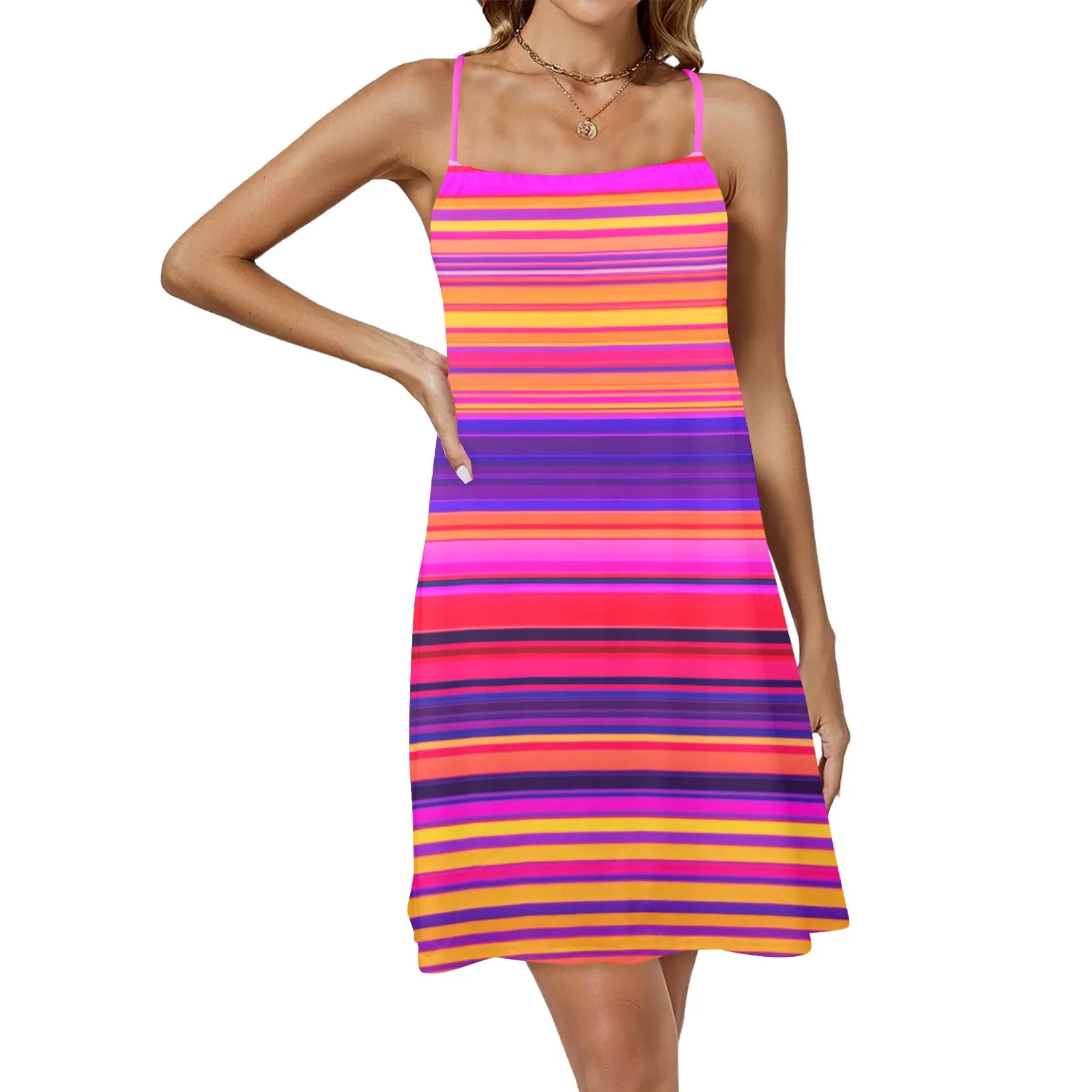 bright sunrise sunset colors print Drawstring Neck Sleeveless Dress (Model D68)