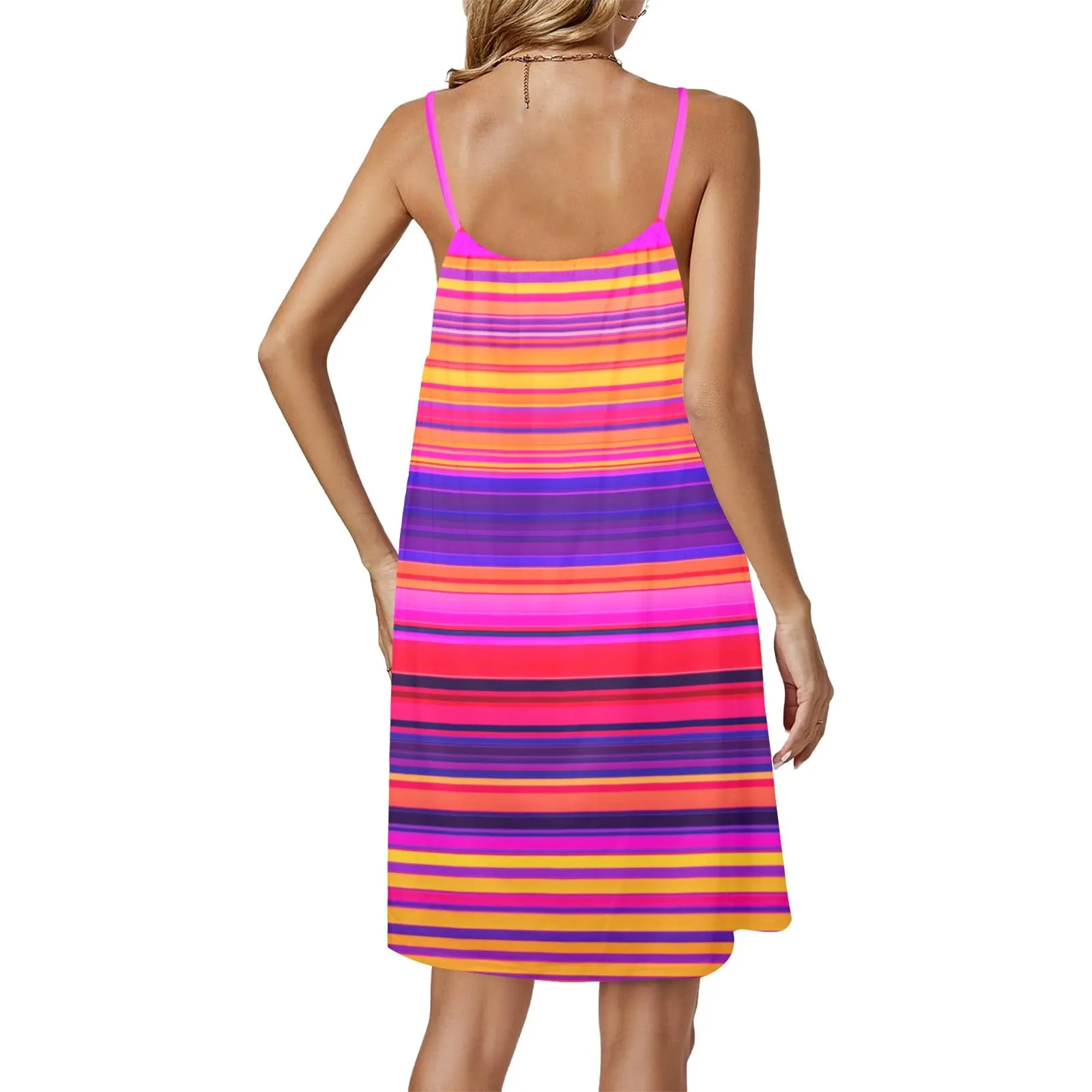 bright sunrise sunset colors print Drawstring Neck Sleeveless Dress (Model D68)