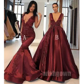 Burgundy V Neck Satin Applique Long Evening Prom Dresses, MD1125