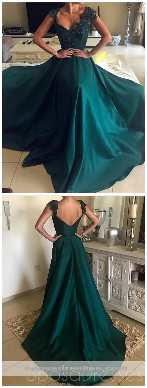 Cap Sleeve Sleeves Emerald Green Evening Prom Dresses, Cheap Sweet 16 Dresses, 18307