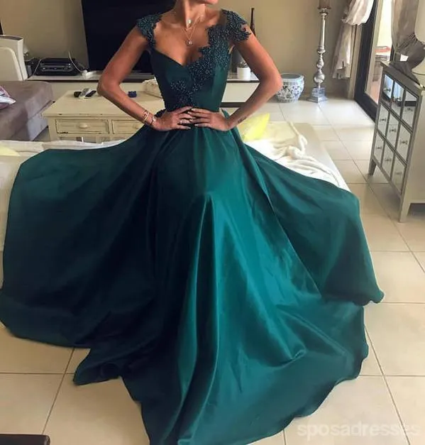 Cap Sleeve Sleeves Emerald Green Evening Prom Dresses, Cheap Sweet 16 Dresses, 18307