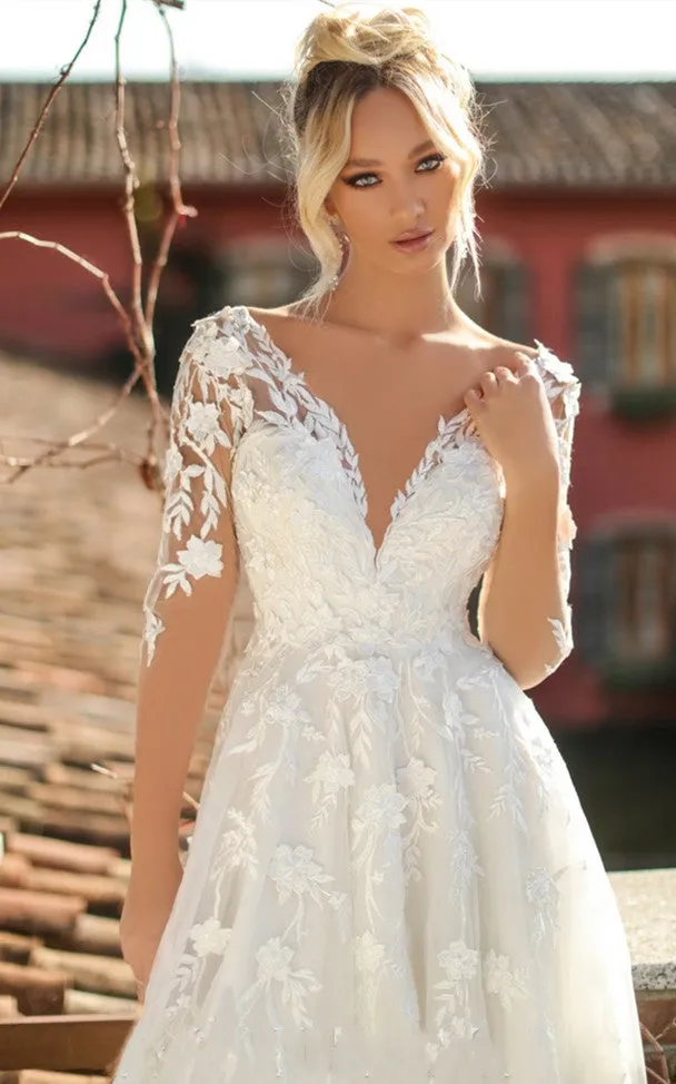 Casual A Line Tulle Plunging Neck Wedding Dress with Appliques and Ruching-716360