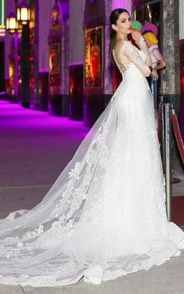 Casual Bateau Long Sleeve Court Train Tulle A Line Wedding Dress with Appliques-716260