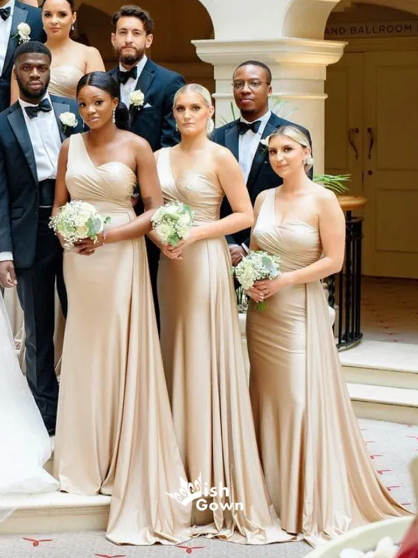 Champagne Gold Soft Satin One Shoulder Pleats Long Bridesmaid Dresses, WGM079