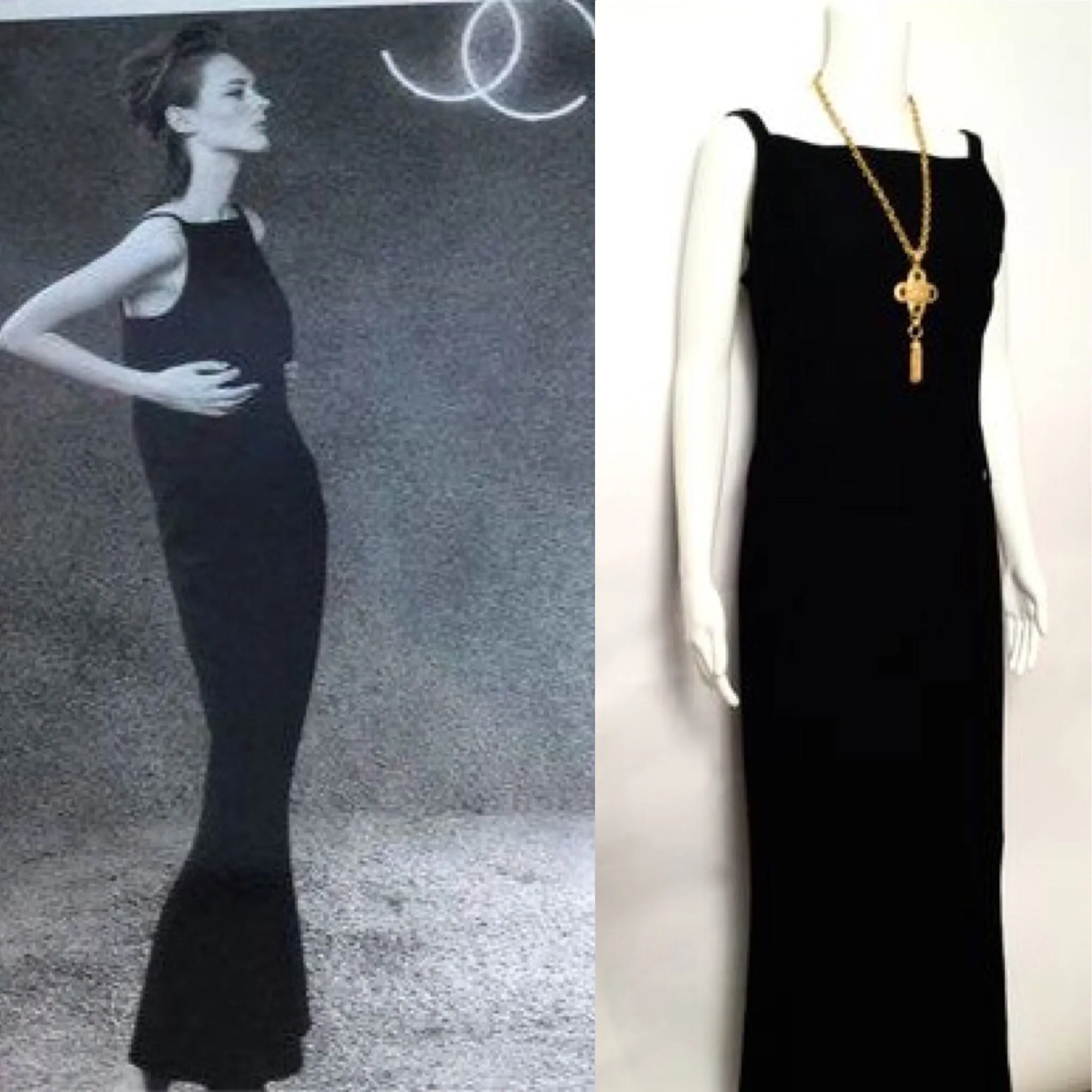 Chanel Vintage 04A, 2004 Fall long black maxi sleeveless wool gown dress FR 40 US 4