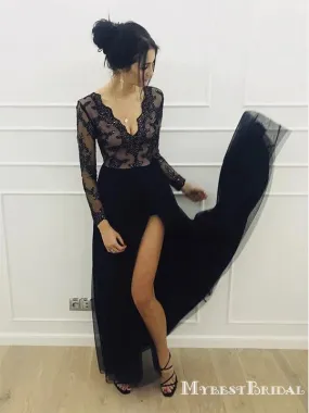 Charming Elegant V Neck Lace Black A Line Long Sleeves Tulle Cheap Prom Dresses with Split, PDS0041