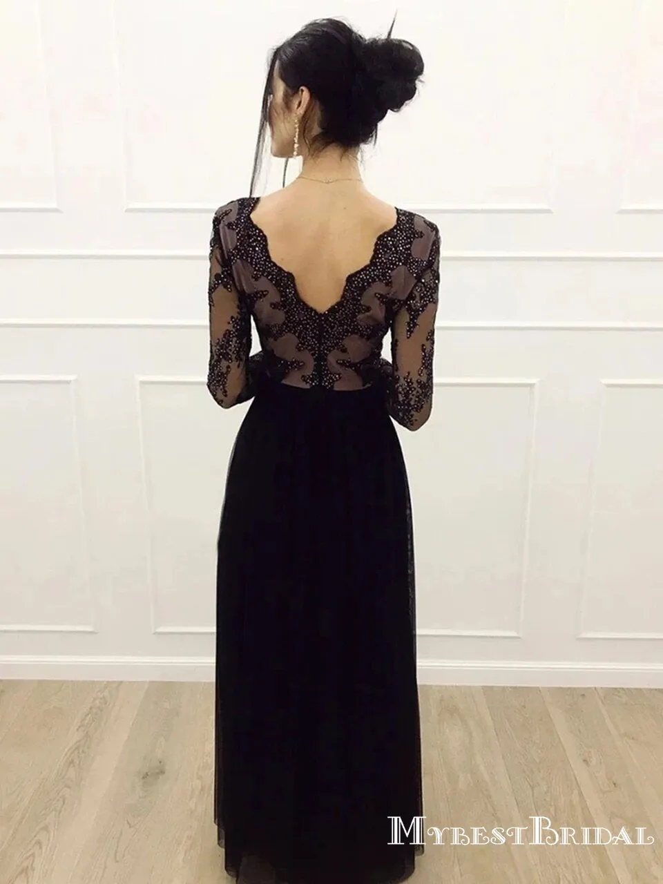 Charming Elegant V Neck Lace Black A Line Long Sleeves Tulle Cheap Prom Dresses with Split, PDS0041