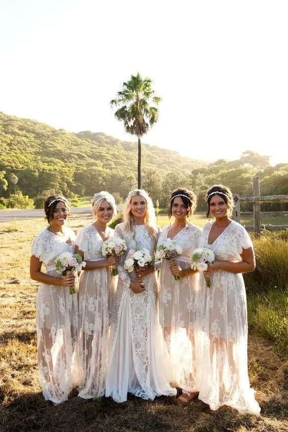 Charming Lace Short Sleeves Unique Long Bridesmaid Dresses, WG390