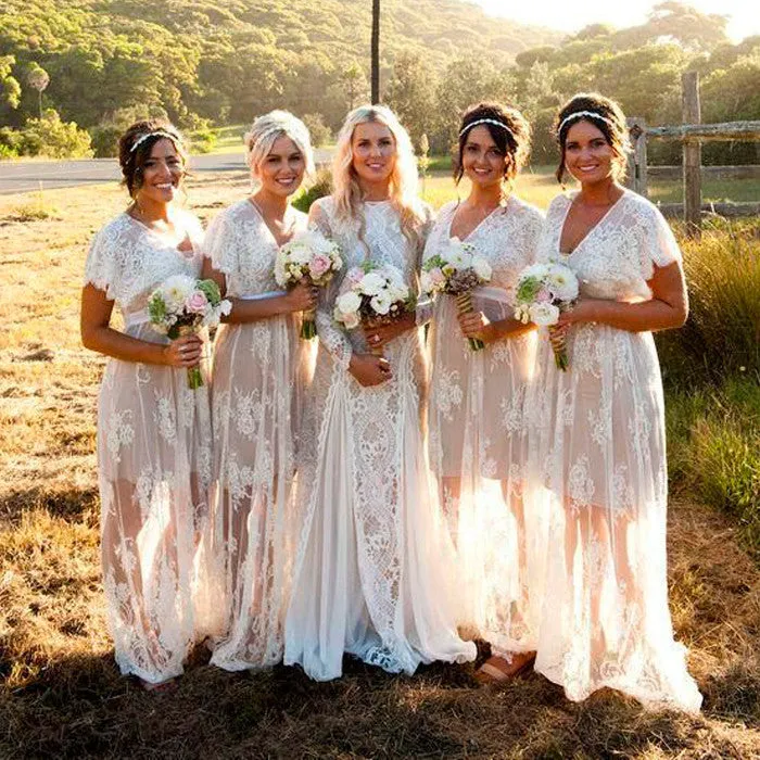 Charming Lace Short Sleeves Unique Long Bridesmaid Dresses, WG390