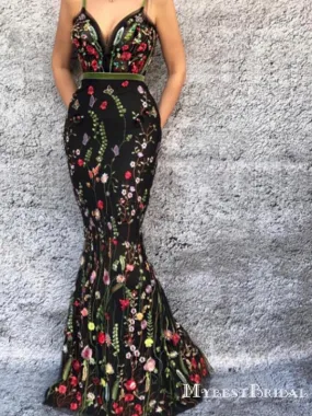 Charming Newest Sexy Spaghetti Straps Long Cheap Black Flower Applique Mermaid Prom Dresses, TYP0085