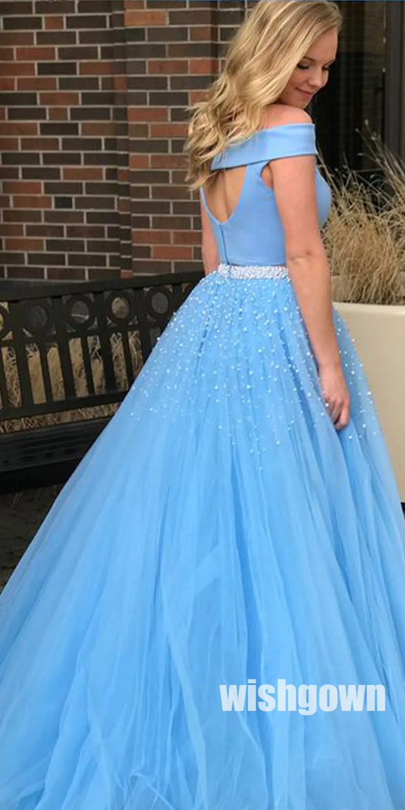 Charming Two Pieces Blue Sabrina Tulle Long Prom Dresses PG1226