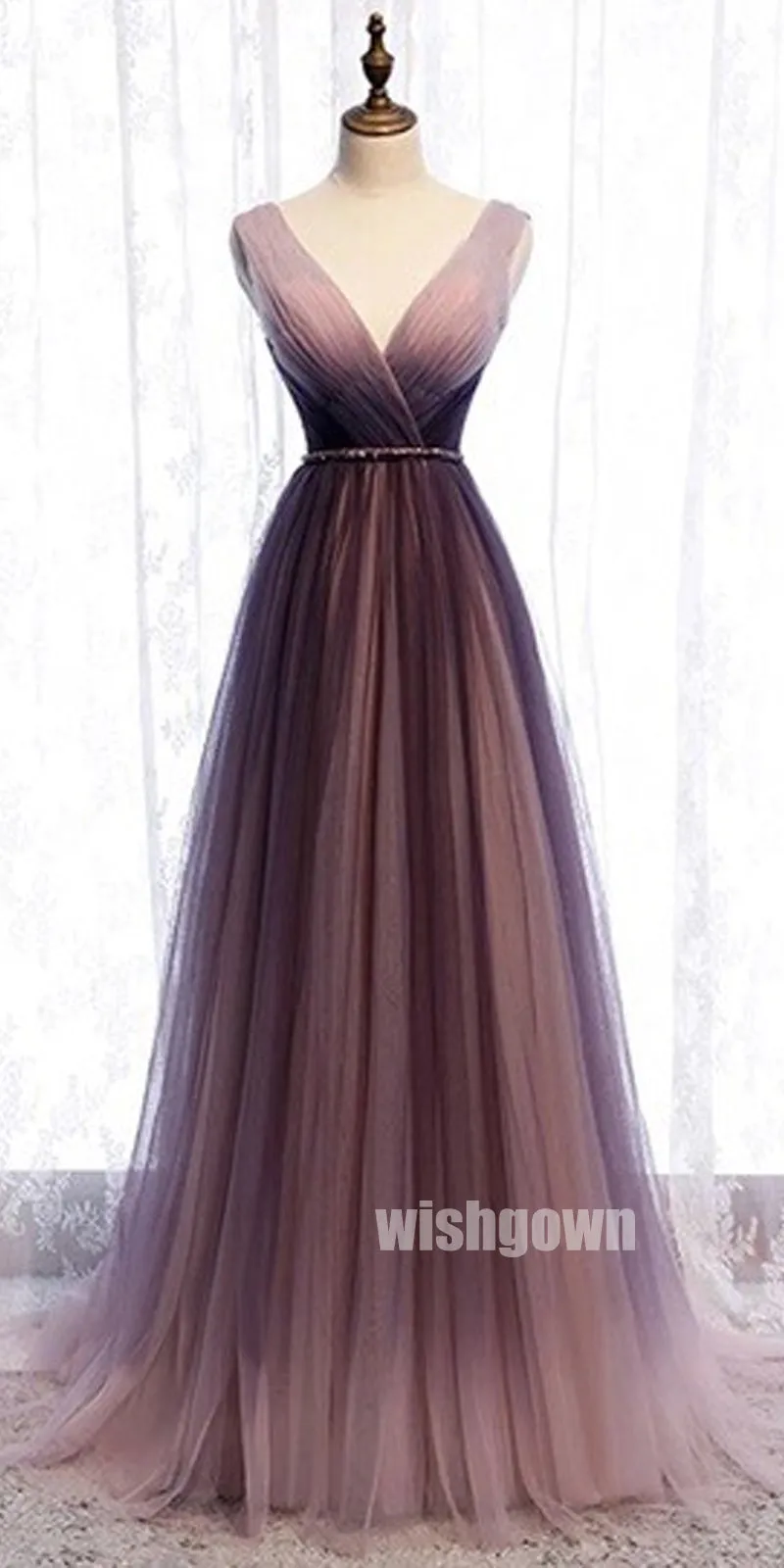 Charming V-neck A-line Tulle Long Prom Dresses PG1190