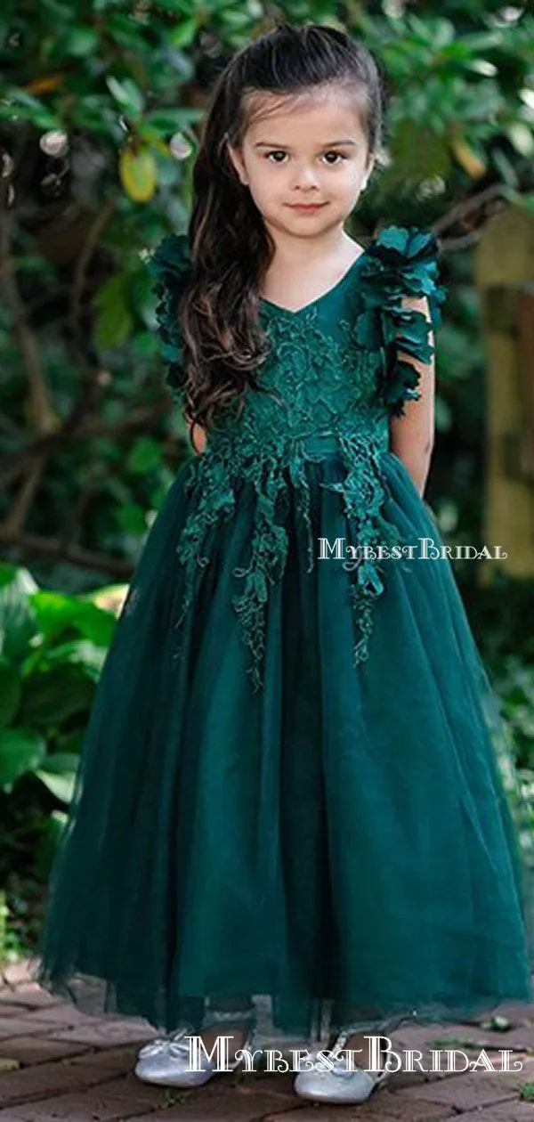 Charming V-neck Green Tulle Lace Appliqued A-line Long Cheap Flower Girl Dresses, FGS0007