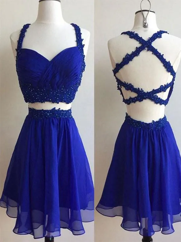 Chiffon Short Cheap Royal Blue Two Piece Homecoming Dresses 2018,BDY0189