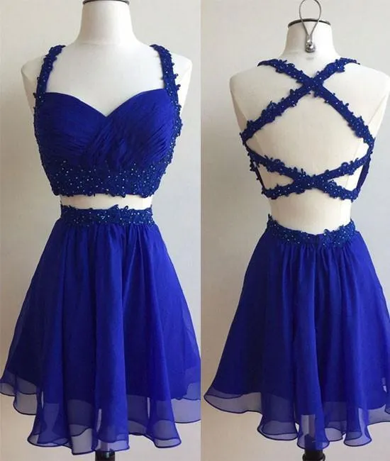 Chiffon Short Cheap Royal Blue Two Piece Homecoming Dresses 2018,BDY0189