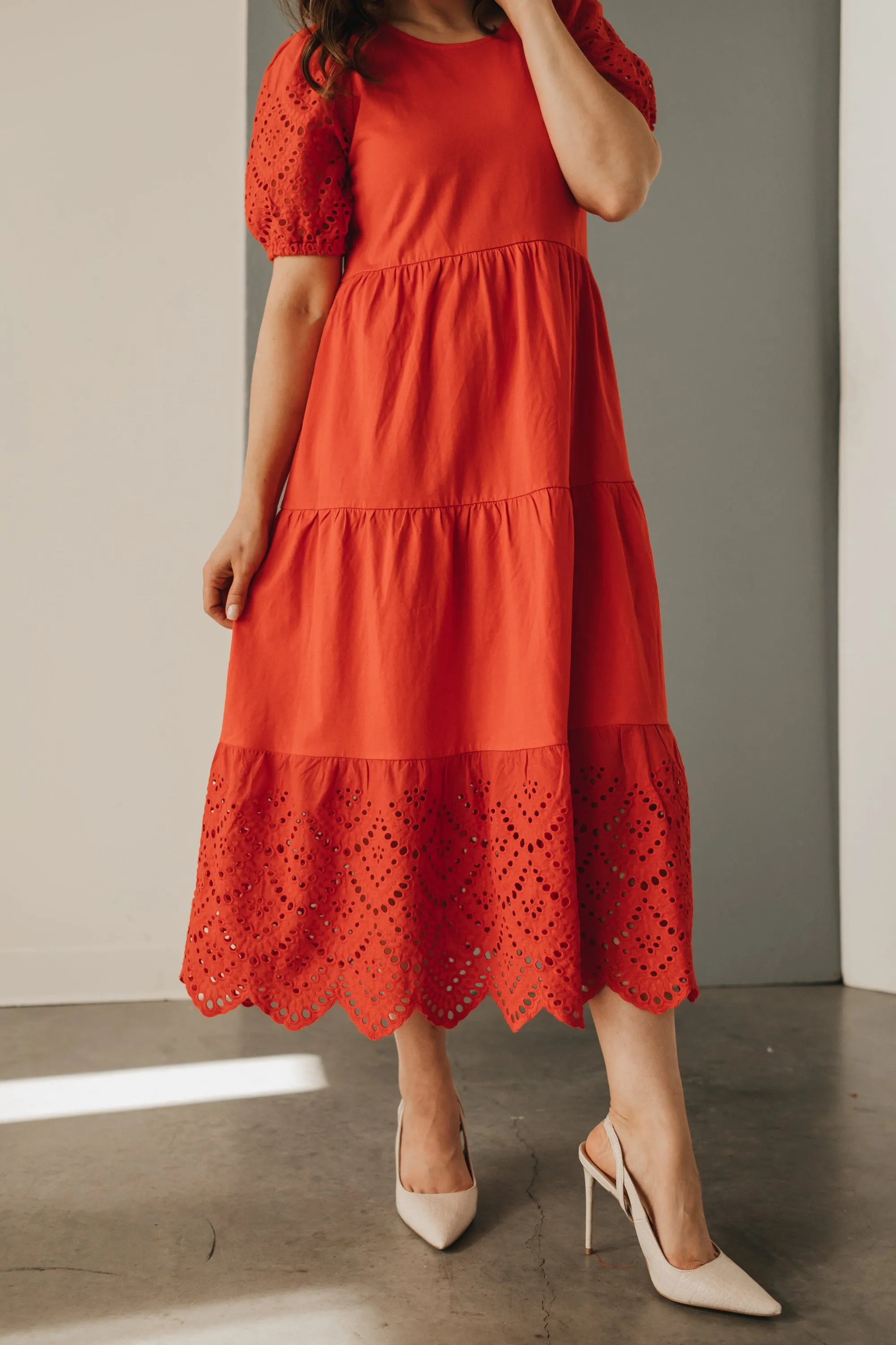 Cindy Eyelet Midi Dress in Candy Red