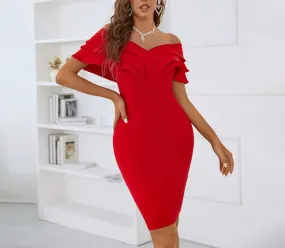 CINDY Off Shoulder Short Sleeve Midi Frill Bandage Dress