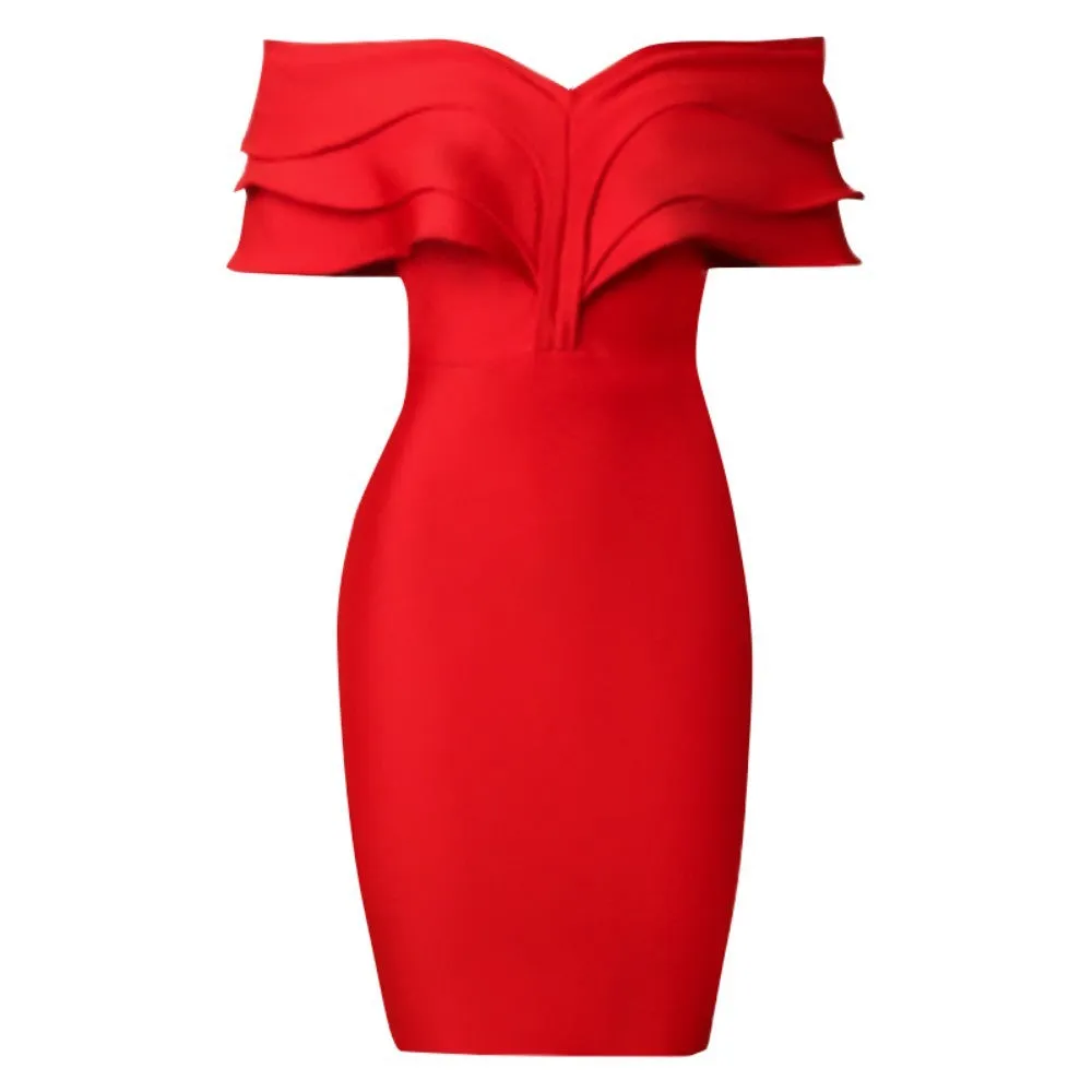 CINDY Off Shoulder Short Sleeve Midi Frill Bandage Dress