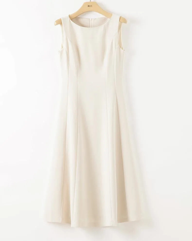 Classic Ivory Round Neck High Waist Sleeveless Dress