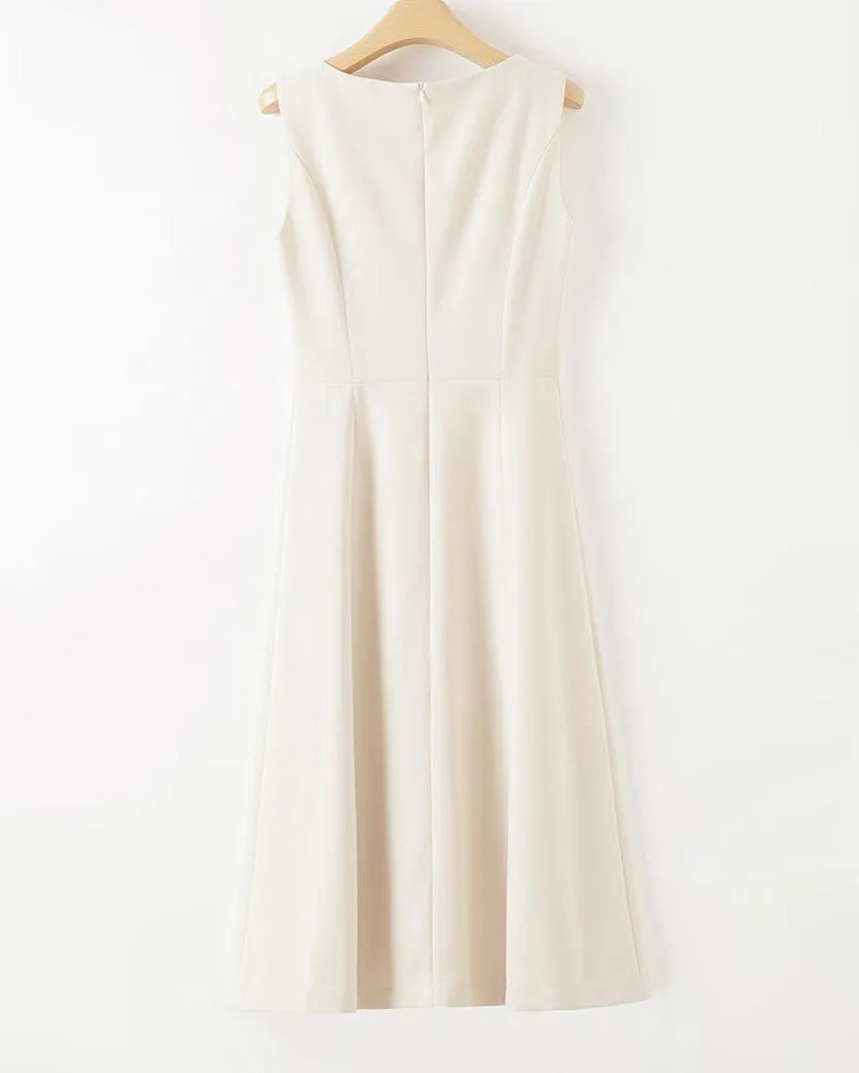 Classic Ivory Round Neck High Waist Sleeveless Dress