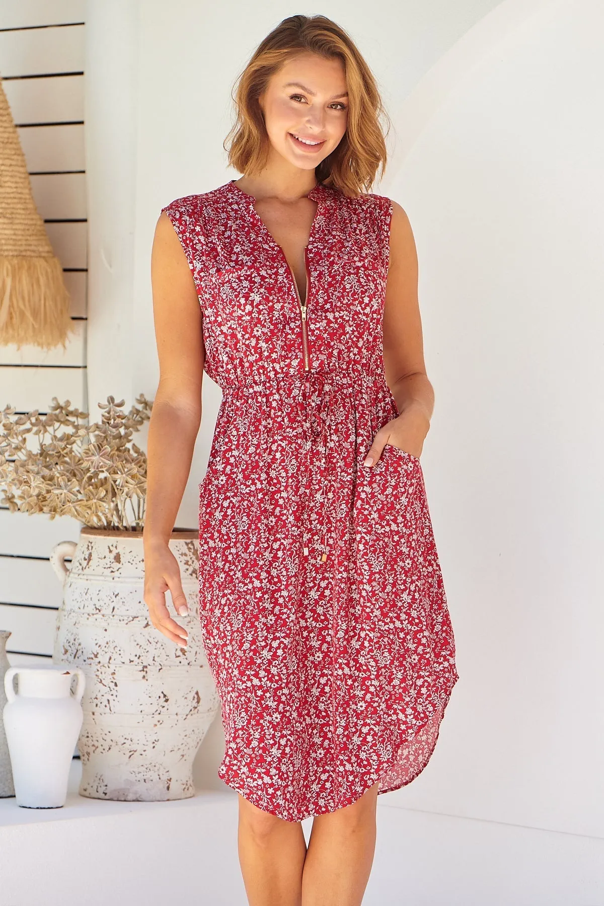 Cleo Midi Red Floral Zip Front Dress