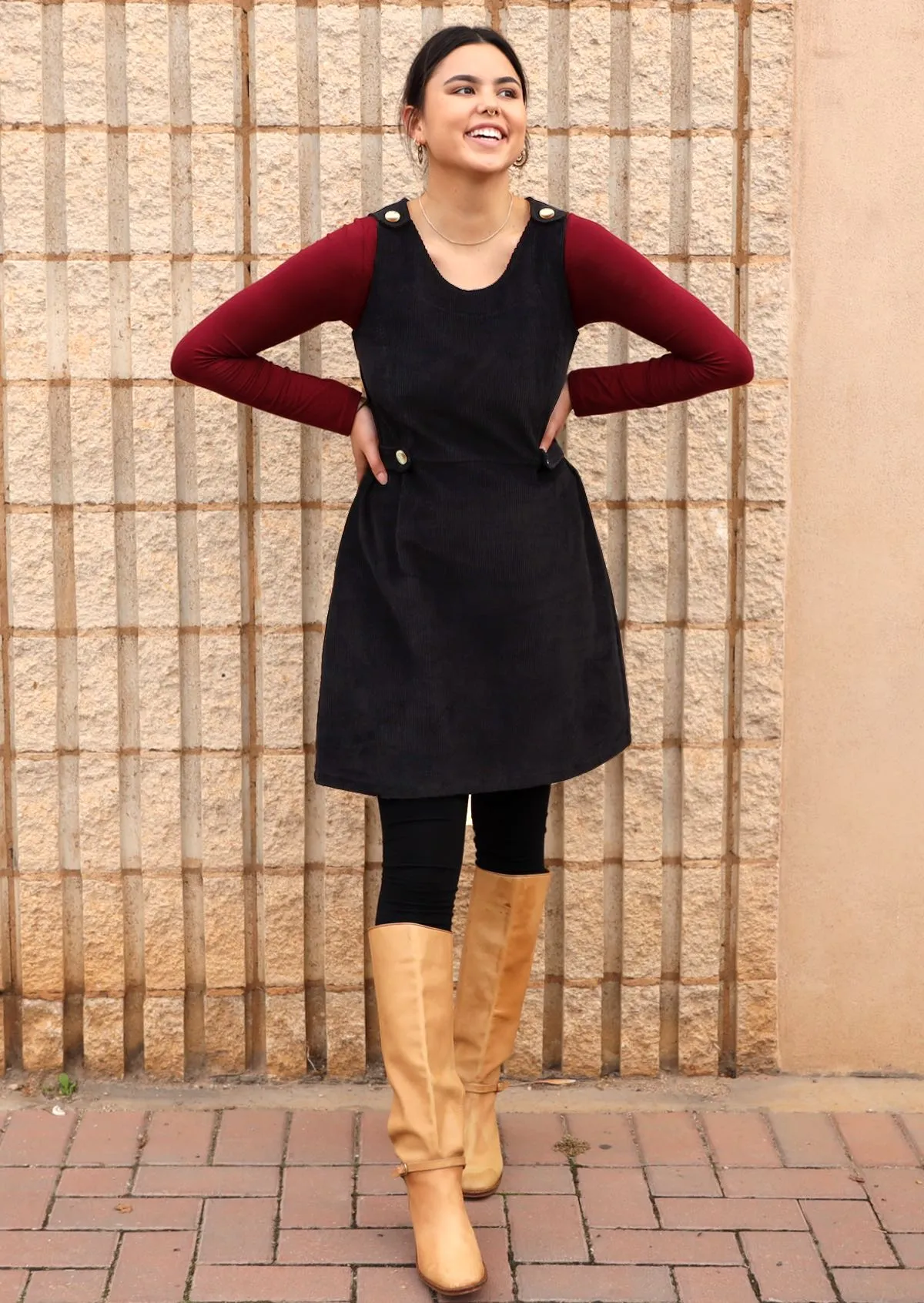 Cord Button Dress Black