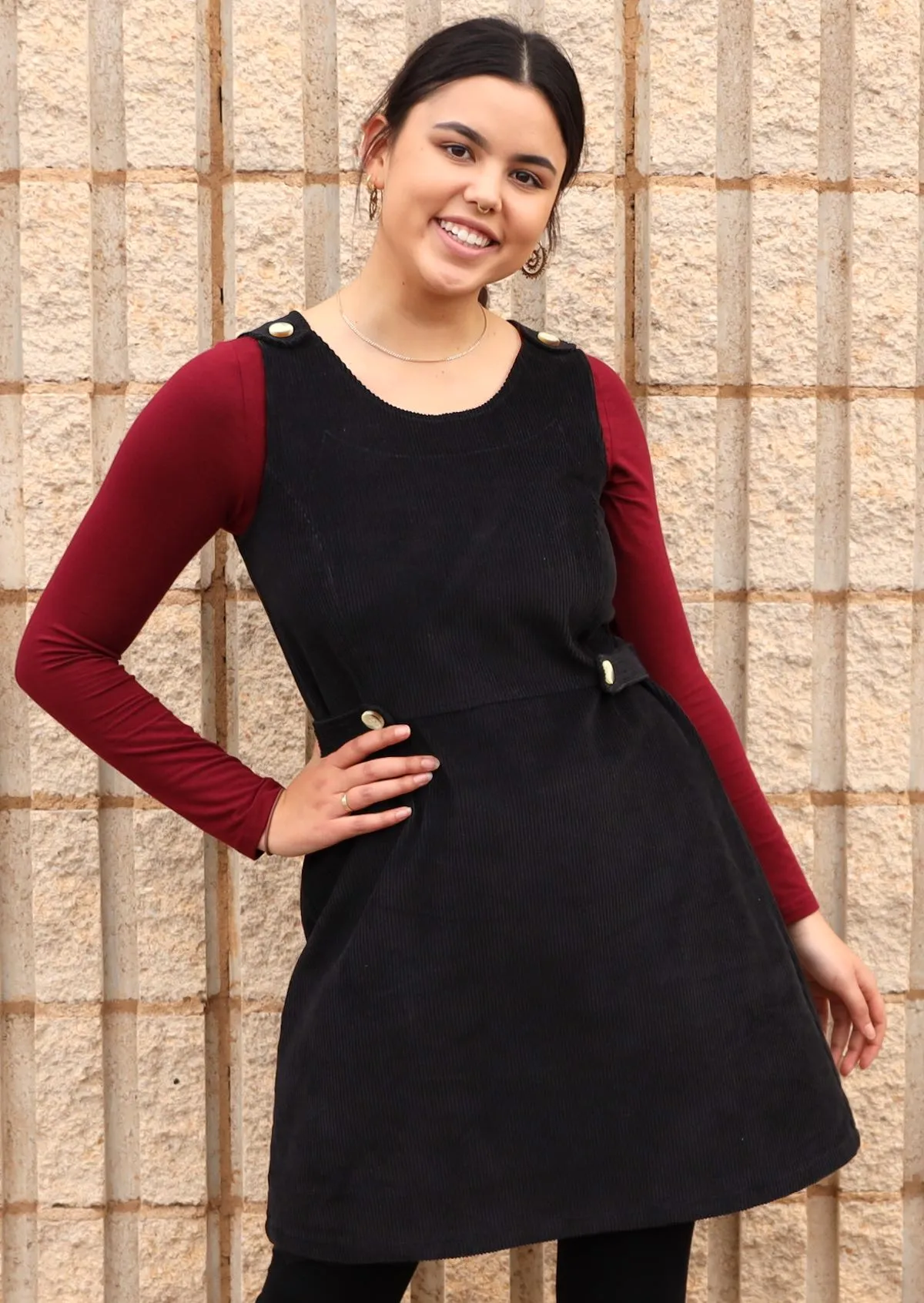 Cord Button Dress Black