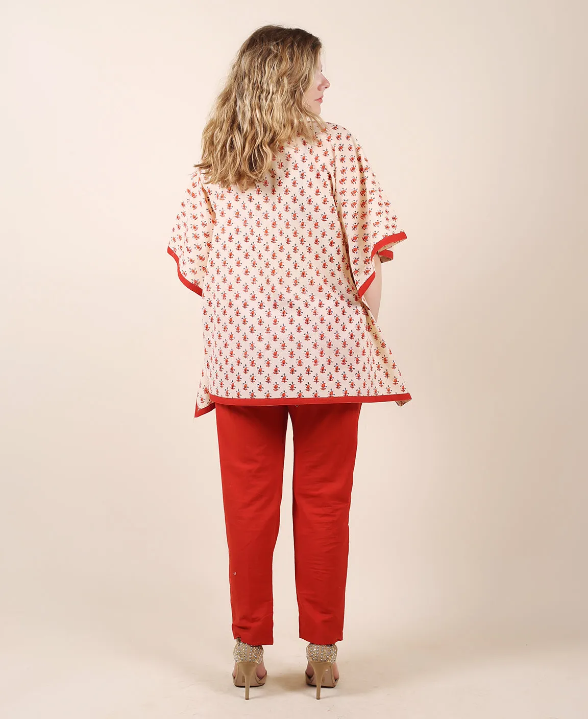 Cotton Off-White Printed Kaftan Top And Red Trouser