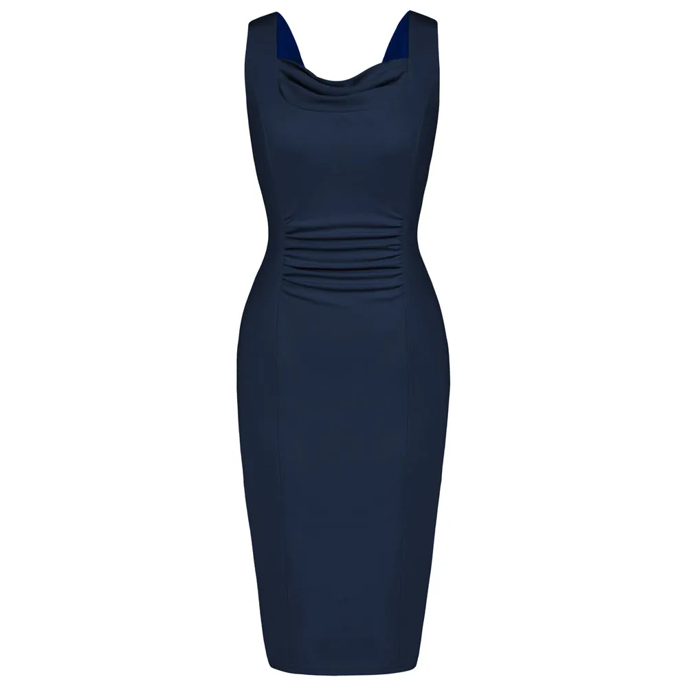 Cowl Neck Ruched Bodycon Dresses Vintage Back Knot Wedding Guest Cocktail Party Formal Dress