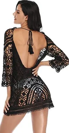 Crochet Dress Black Or White You Choose Open Back Swimsuit Cover See Thru Tassel Tie Three Quarter Sleeve Backless Mini Dress Hand Made One Size