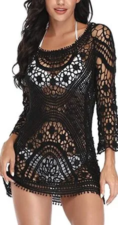 Crochet Dress Black Or White You Choose Open Back Swimsuit Cover See Thru Tassel Tie Three Quarter Sleeve Backless Mini Dress Hand Made One Size