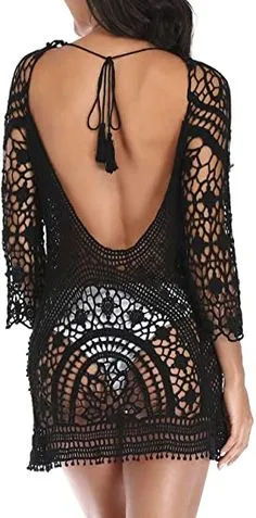 Crochet Dress Black Or White You Choose Open Back Swimsuit Cover See Thru Tassel Tie Three Quarter Sleeve Backless Mini Dress Hand Made One Size