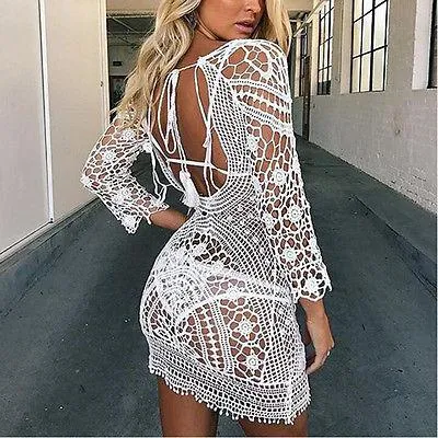 Crochet Dress Black Or White You Choose Open Back Swimsuit Cover See Thru Tassel Tie Three Quarter Sleeve Backless Mini Dress Hand Made One Size