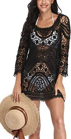 Crochet Dress Black Or White You Choose Open Back Swimsuit Cover See Thru Tassel Tie Three Quarter Sleeve Backless Mini Dress Hand Made One Size