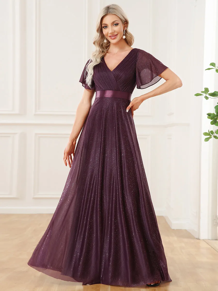 Custom Size Deep V Neck Ruffles Sleeve A Line Wholesale Evening Dresses