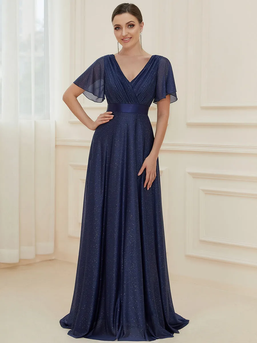 Custom Size Deep V Neck Ruffles Sleeve A Line Wholesale Evening Dresses