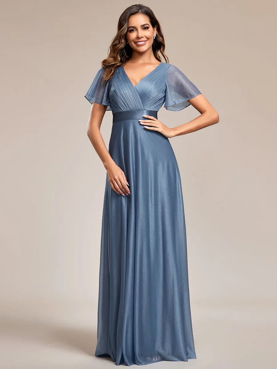 Custom Size Deep V Neck Ruffles Sleeve A Line Wholesale Evening Dresses