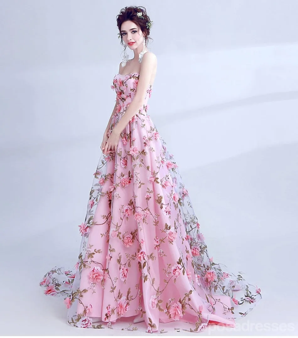 Cute Floral Pink A-line Sweetheart Long Prom Dresses Online, Dance Dresses,12750