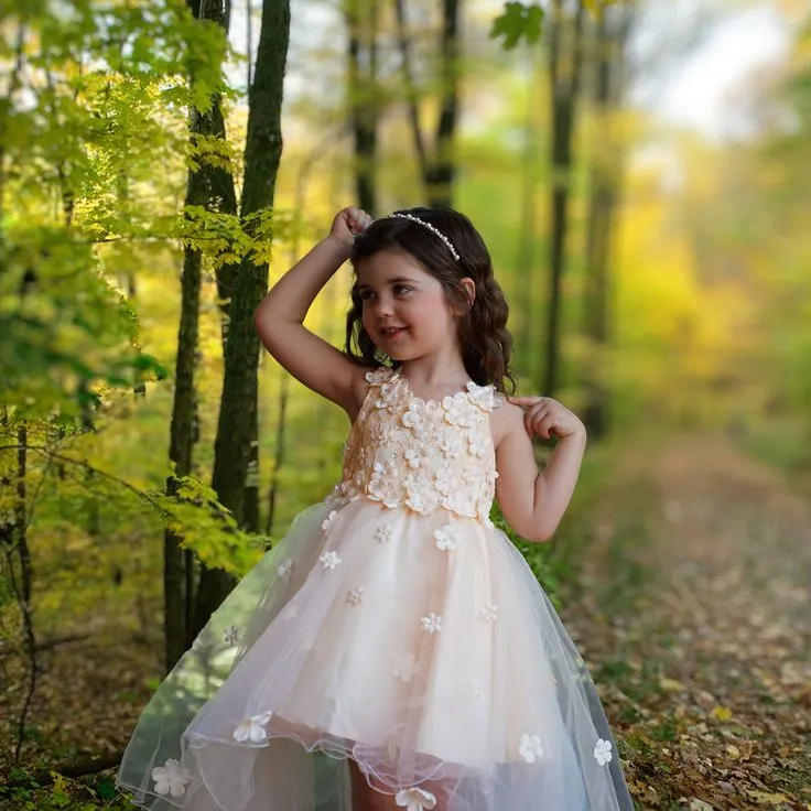 Cute Straps Round Neck Sleeveless Short Front Long Back Applique Little Long Flower Girl Dresses, Wedding Flower Girl Dresses, FGD039