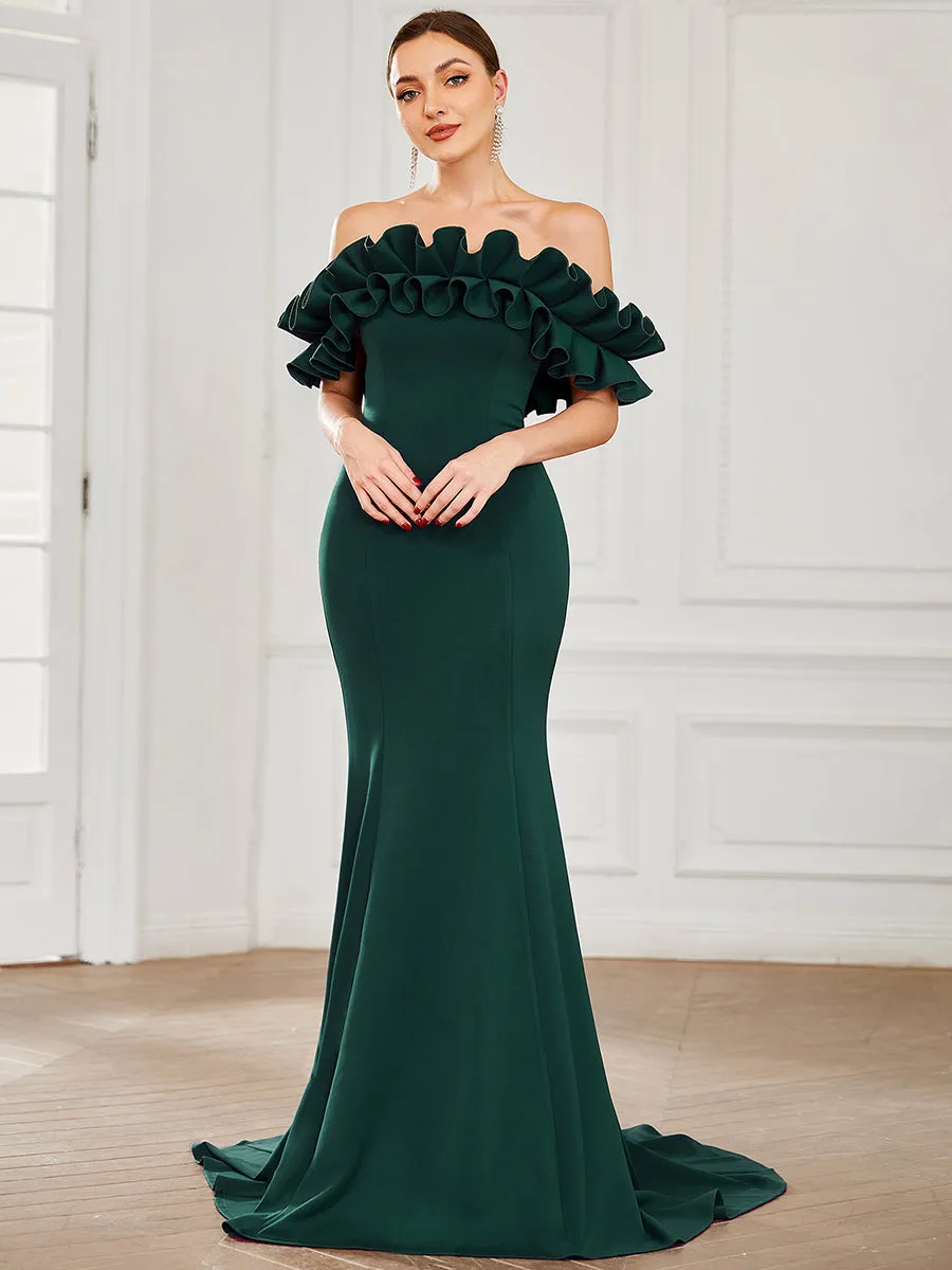 Cute Wholesale Ruffled Off Shoulder Long Fishtail Evening Dress