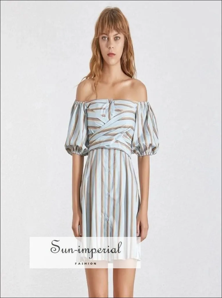 Cybil Dress - Casual Striped Dress for Women Asymmetrical Collar Half Sleeve High Waist Hit Color