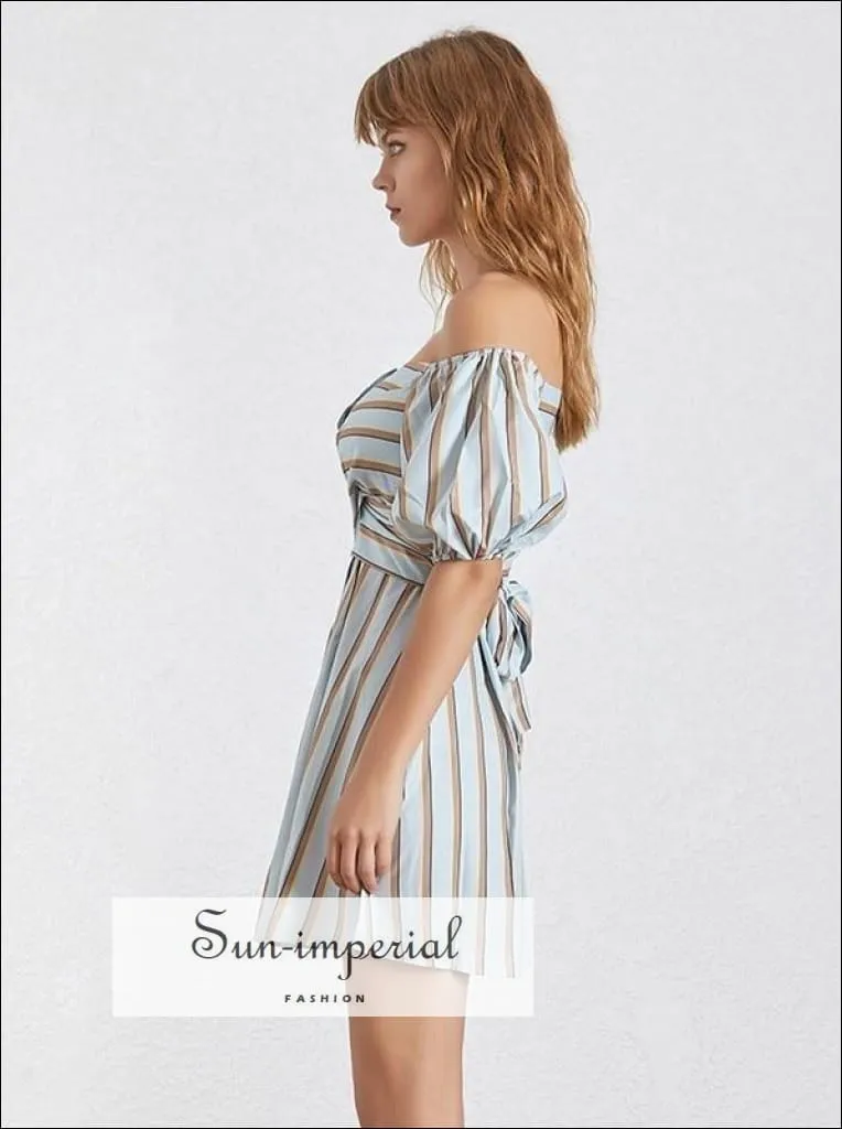 Cybil Dress - Casual Striped Dress for Women Asymmetrical Collar Half Sleeve High Waist Hit Color