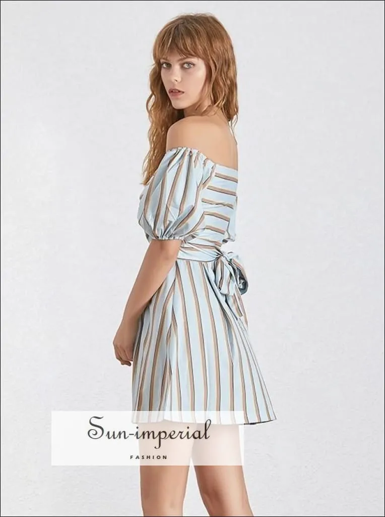 Cybil Dress - Casual Striped Dress for Women Asymmetrical Collar Half Sleeve High Waist Hit Color