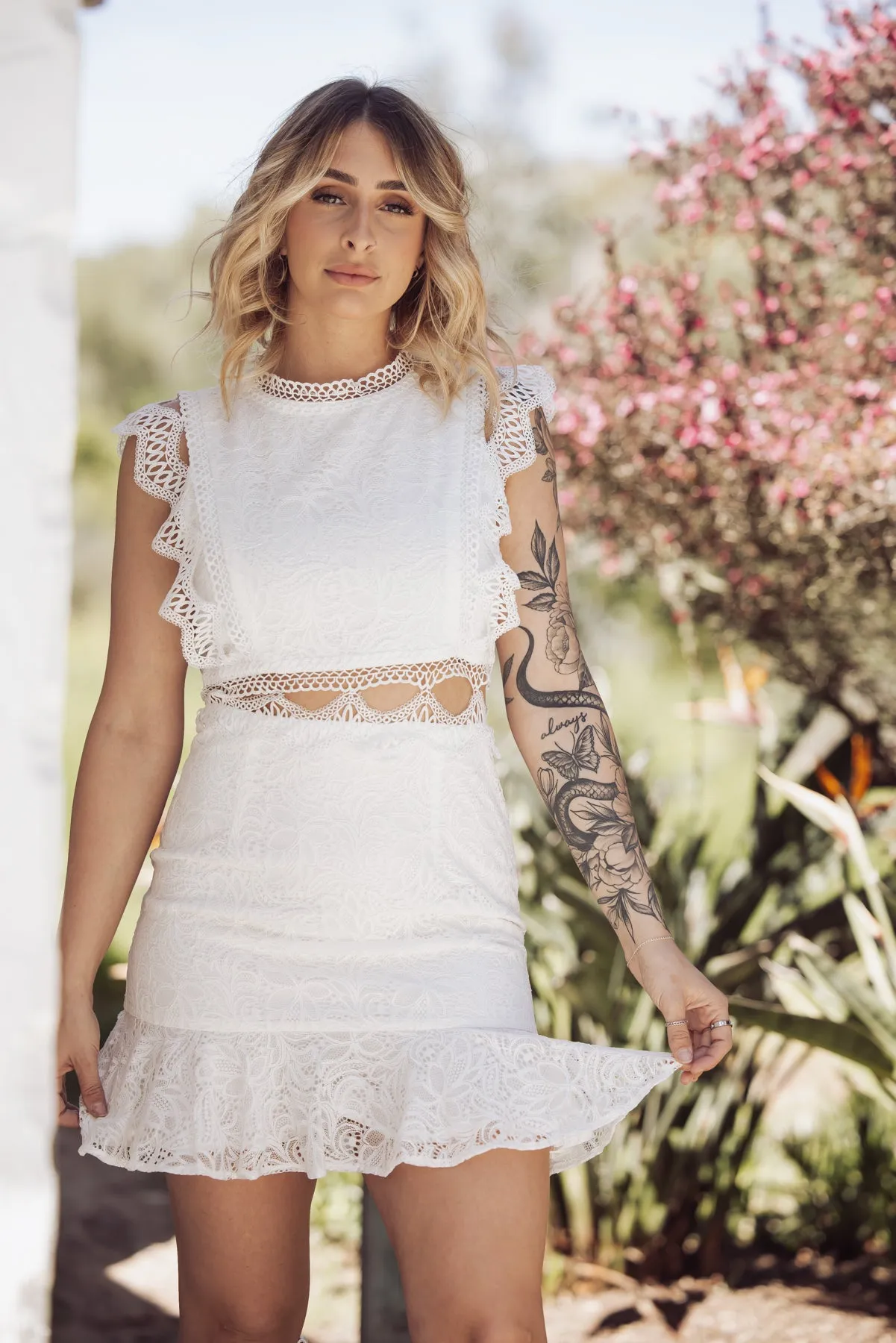 DAISY CUTOUT LACE MINI  DRESS - WHITE