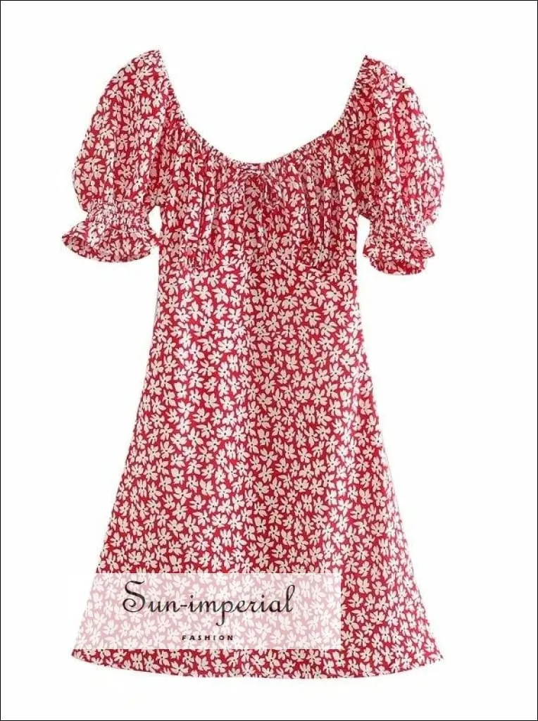 daisy print, florl print, flower printBlack Daisy Floral Mini Dress a Line Ruched Square Neck Frill Sleeve with Bowknot front