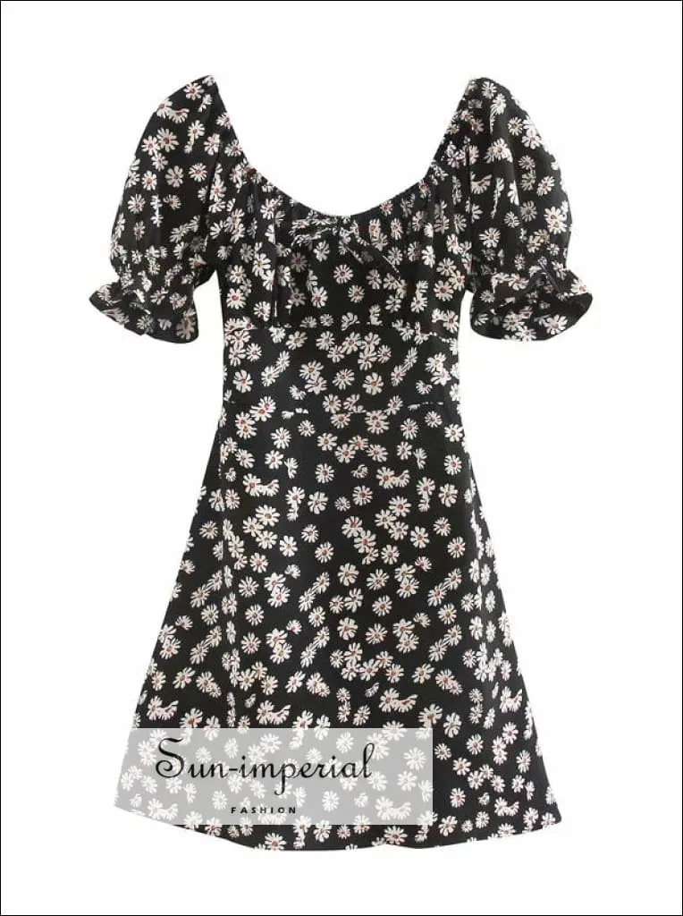 daisy print, florl print, flower printBlack Daisy Floral Mini Dress a Line Ruched Square Neck Frill Sleeve with Bowknot front