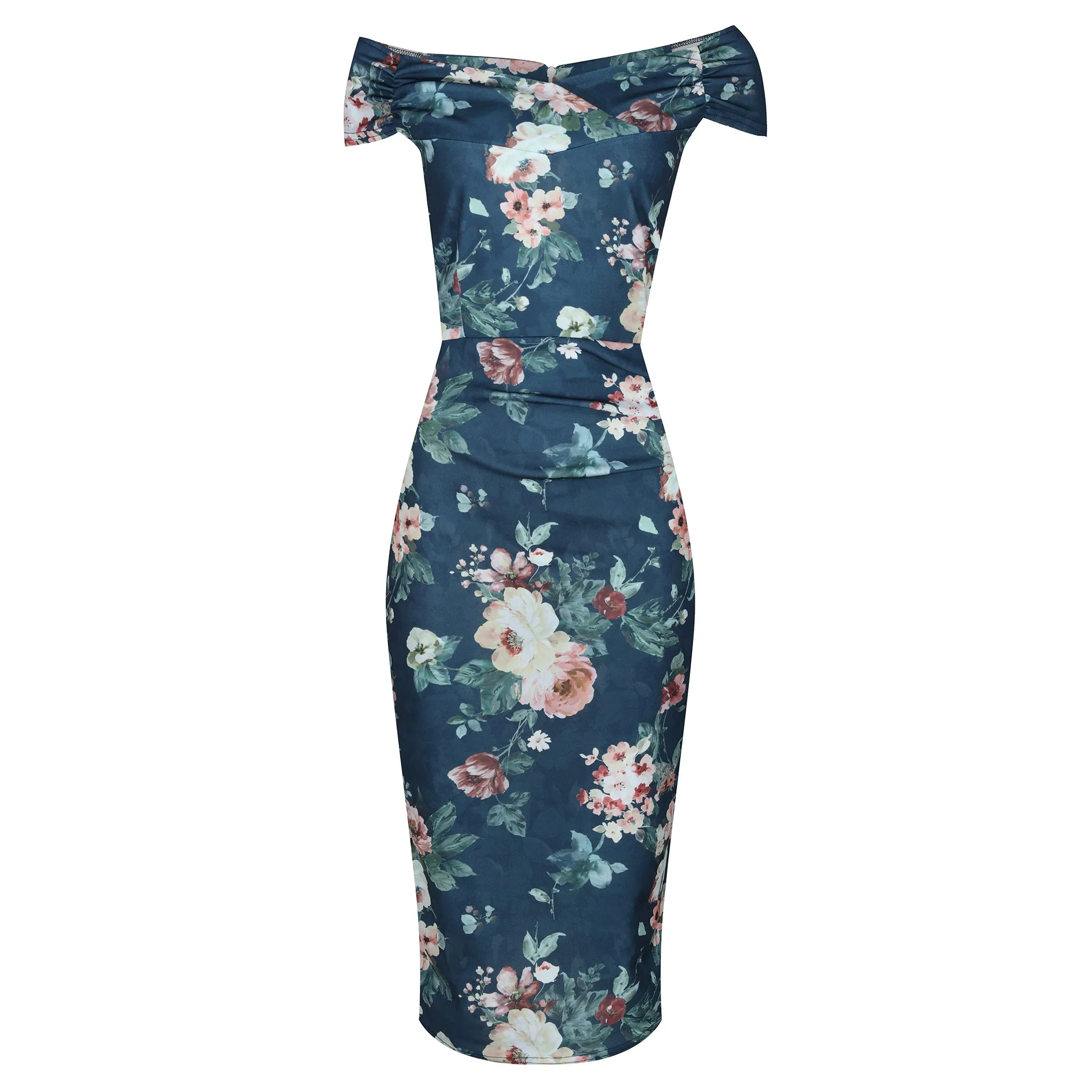 Dark Blue Floral Print Bardot Style On or Off Shoulder Pencil Wiggle Dress