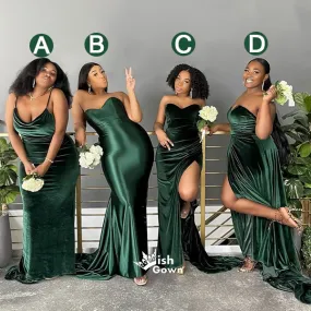 Dark Green Mismatched Sweetheart Satin Velvet Mermaid Bridesmaid Dresses, WGM046